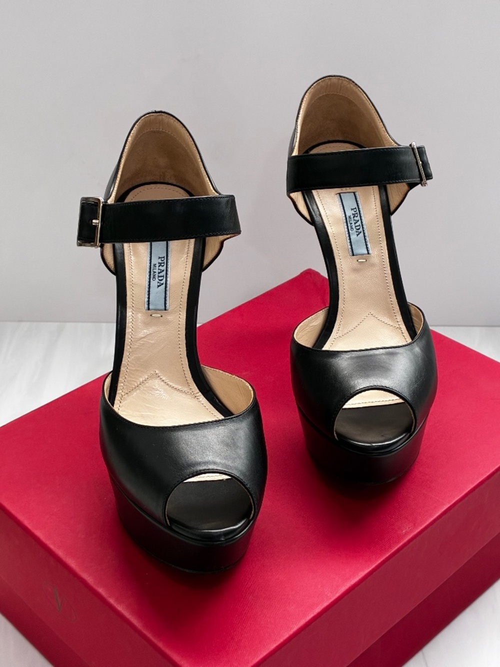 Prada platform ankle strap peep toe stiletto pump